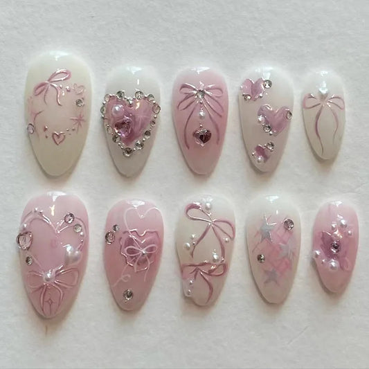 24pcs Sweet False Nail Patches Detachable Fake Nail Tips With Bowknots Love Heart Pearl Design Pink Almond Korean Press On Nail