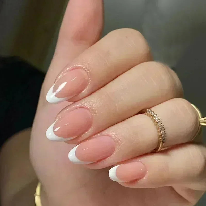 24Pcs French False Nails Almond Fake Nails with Glue Press on White Edge Design Wearable Simple Ins Pink Stiletto Nail Tips