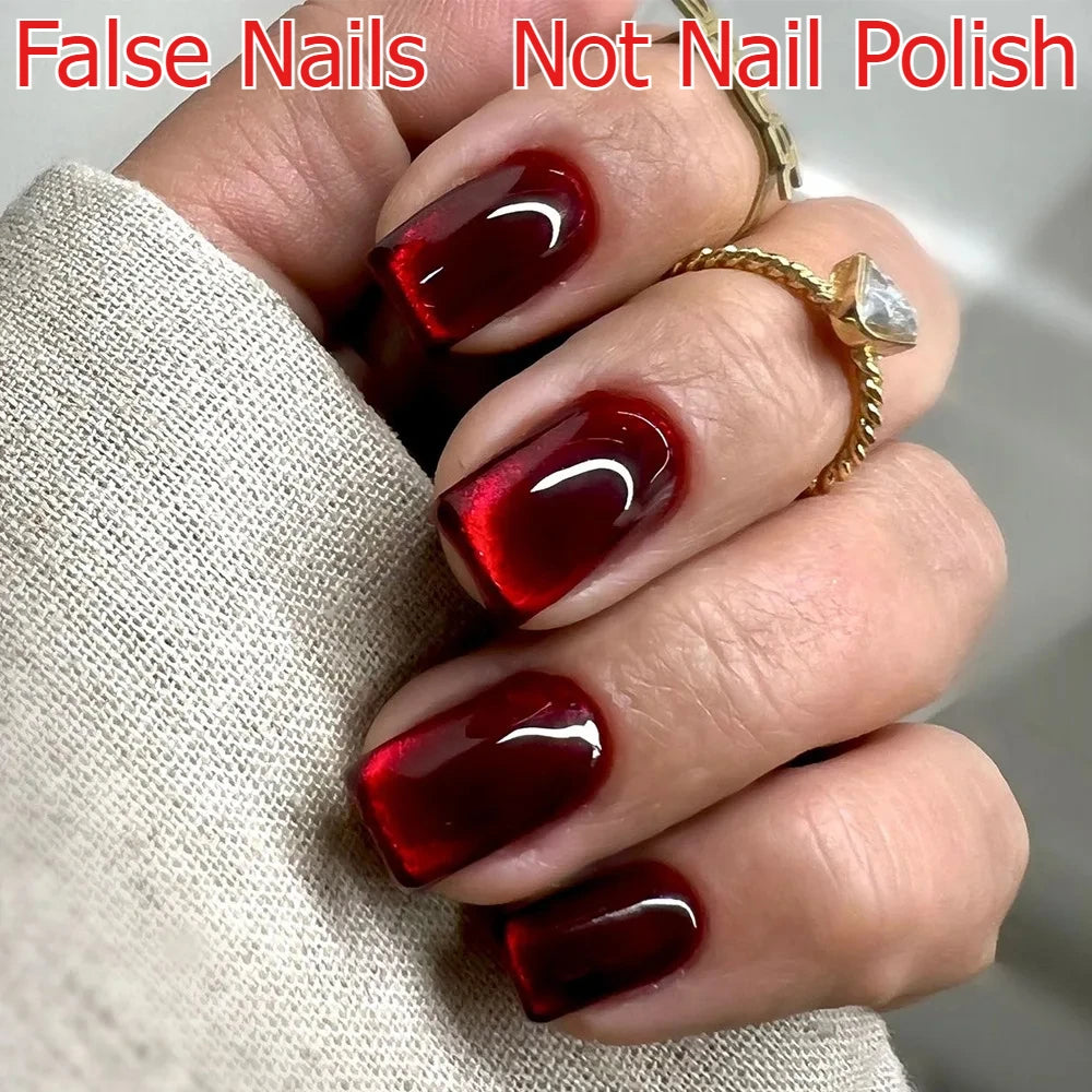 Sparkling Red Cat Eye Solid Color Fake Nail Halloween Fashion Detachable Finished False Nails Press on Nails with Glue Wholesale