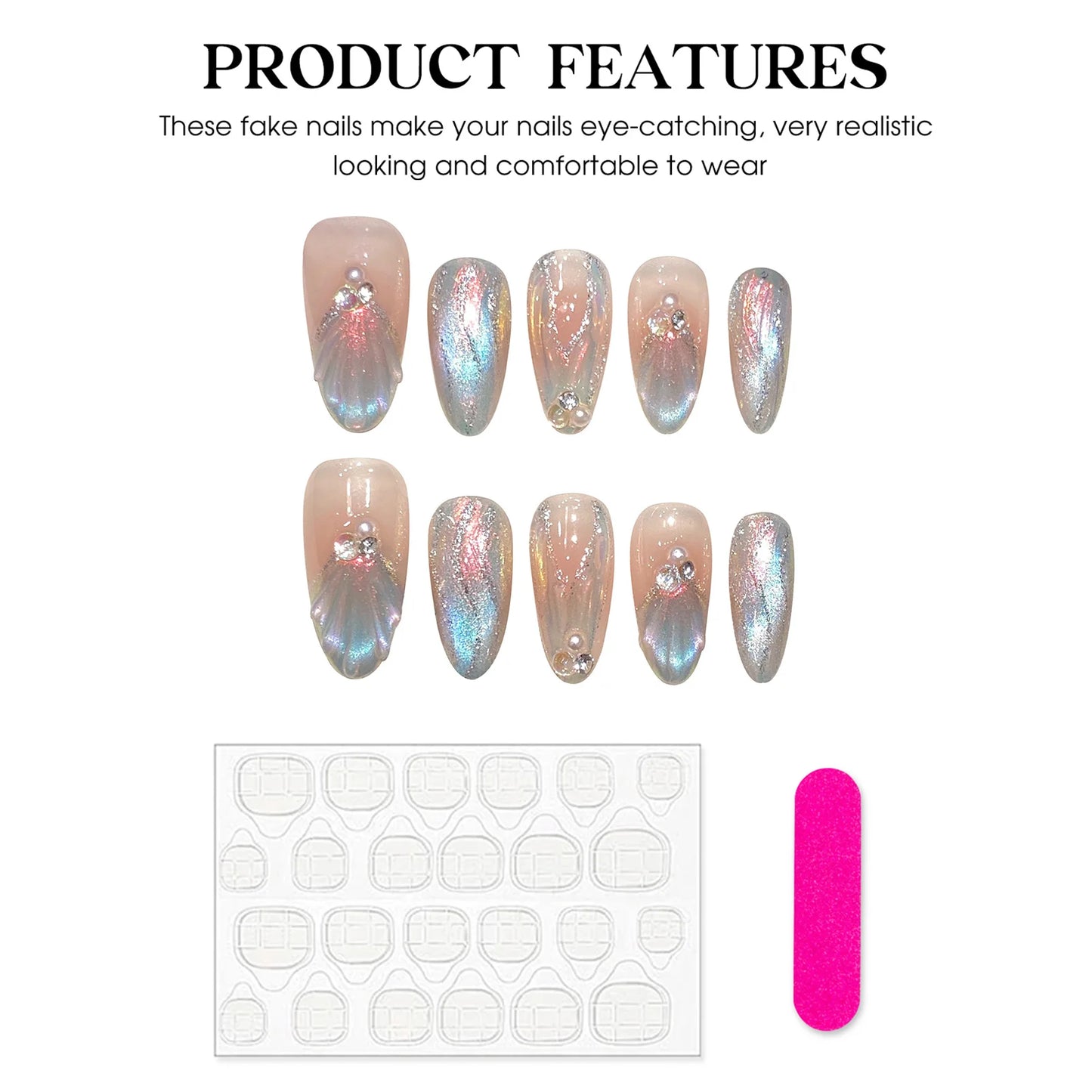 10pcs Handmade Mermaid False Nails 3D Summer Ocean Pearl Diamond Designs Press On Nails Aurora Blue Pink Almond Fake Nail Tips