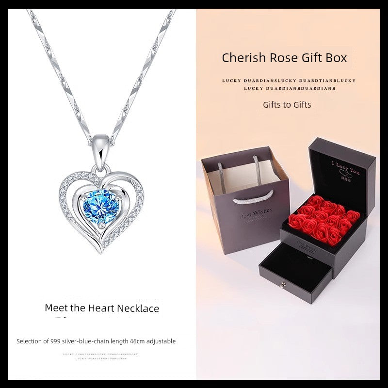 Ocean Heart Necklace Women's Pure Silver Gift Exquisite Fancy Accessible Luxury Sapphire Accessories All-Match Blue Pendant