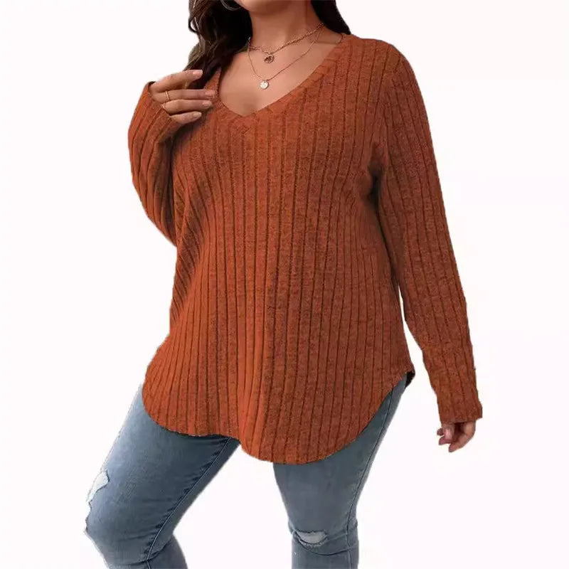 Women's Plus Size Clothing Long Sleeve T-Shirt Casual Fashion V Neck Striped Knitted Tops Spring Ladies Solid Loose T Shirts 5XL