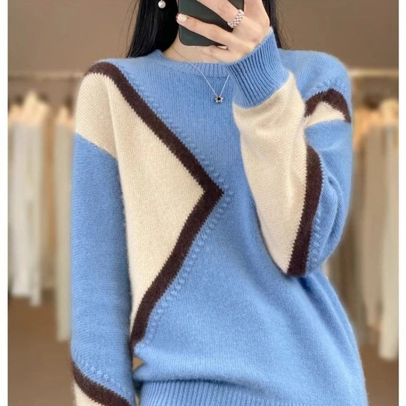 100% Pure Cashmere Sweater Women's Color-Block Plus Size Crew Neck Sweater Loose Thick Knitted Base Pullover Korean Fashion