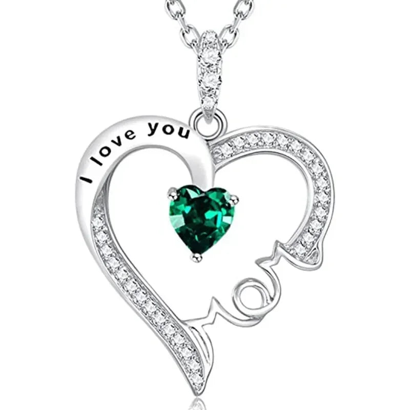 New Mother's Day Women Necklace Love Green Cubic Zirconia Letter "I  You" Exquisite Anniversary Gift Mom Fashion Jewelry