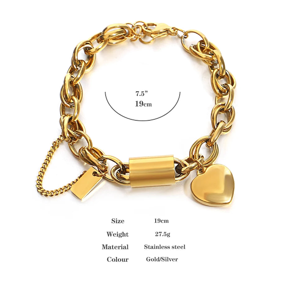 DZ Fashion Design Gold Color Thick Chain Stainless Steel Bracelets for Women Heart Love Pendant Wrist Jewelry