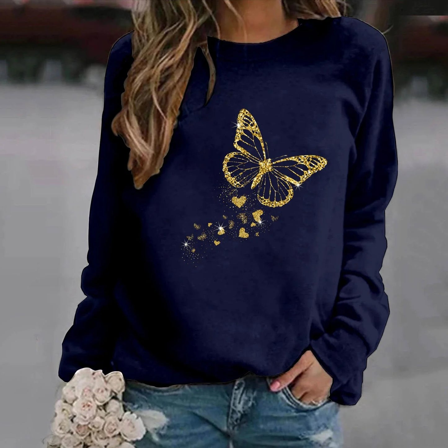 Fuuny Butterfly Printed Women Sweater Autumn And Winter Fashion Ladies Long Sleeve Sweatshirt Plus Size Hoodless Sweatshirt