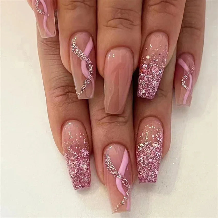 24Pcs/Set Press on Nails False Nails with Flower Design Long Coffin French Ballerina Fake Nails Art Full Cover Acrylic Nail Tips