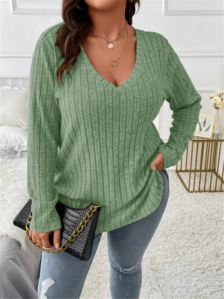 Women's Plus Size Clothing Long Sleeve T-Shirt Casual Fashion V Neck Striped Knitted Tops Spring Ladies Solid Loose T Shirts 5XL