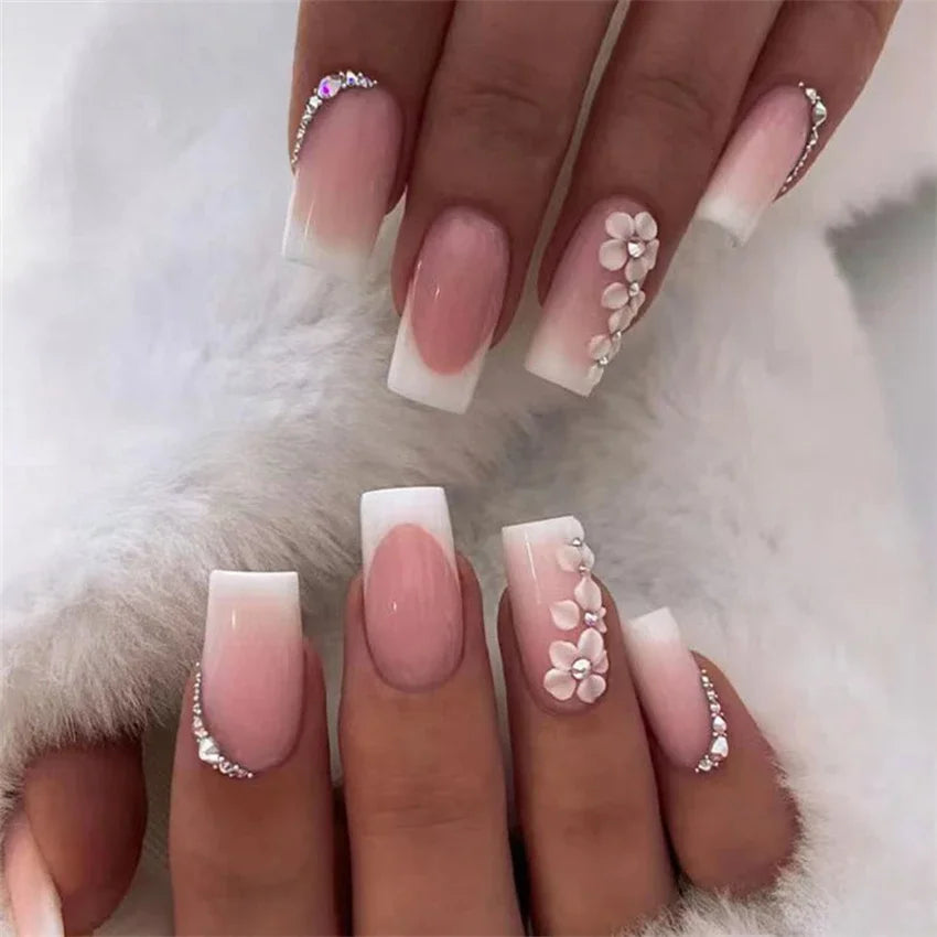 24Pcs/Set Press on Nails False Nails with Flower Design Long Coffin French Ballerina Fake Nails Art Full Cover Acrylic Nail Tips