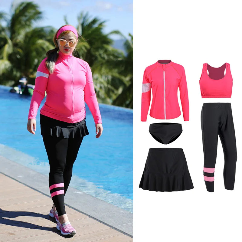 5pcs/set Women’s Plus Size Long Sleeve Rash Guard Tight Fit Swim Shirt Pants Sun Protection Swimsuit Tops+Bottoms Full Body