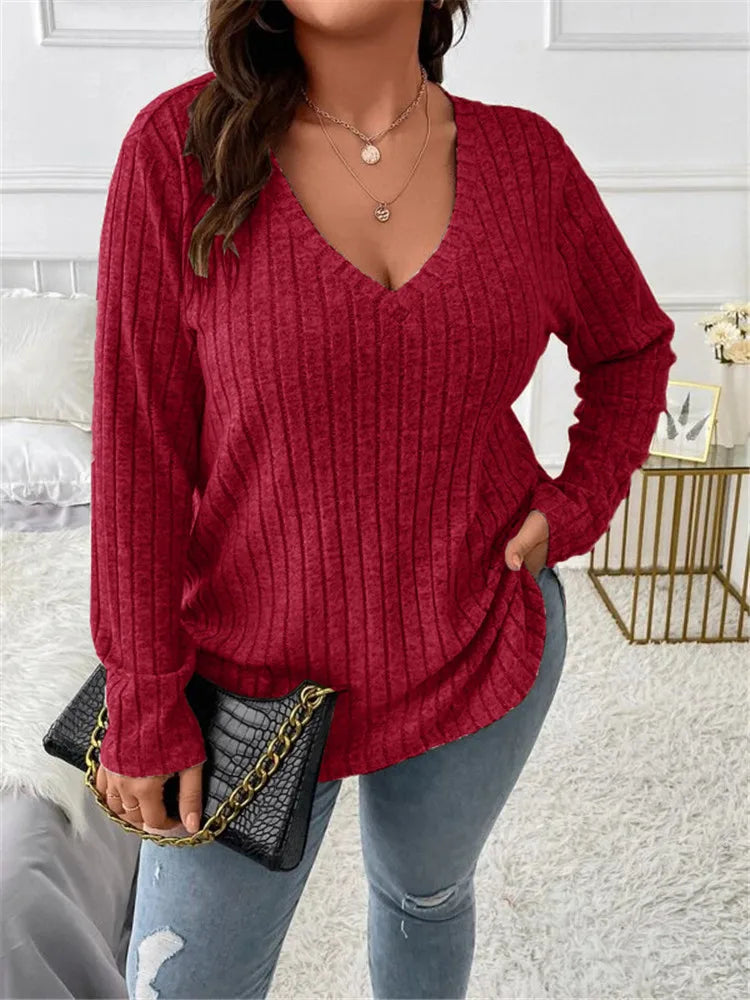 Women's Plus Size Clothing Long Sleeve T-Shirt Casual Fashion V Neck Striped Knitted Tops Spring Ladies Solid Loose T Shirts 5XL