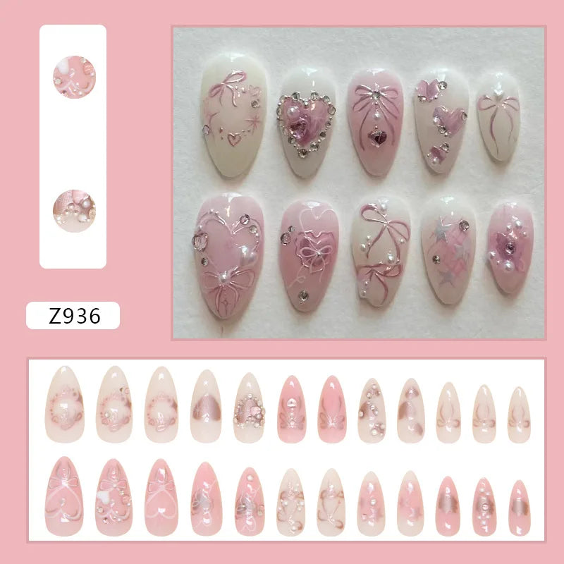 24pcs Sweet False Nail Patches Detachable Fake Nail Tips With Bowknots Love Heart Pearl Design Pink Almond Korean Press On Nail