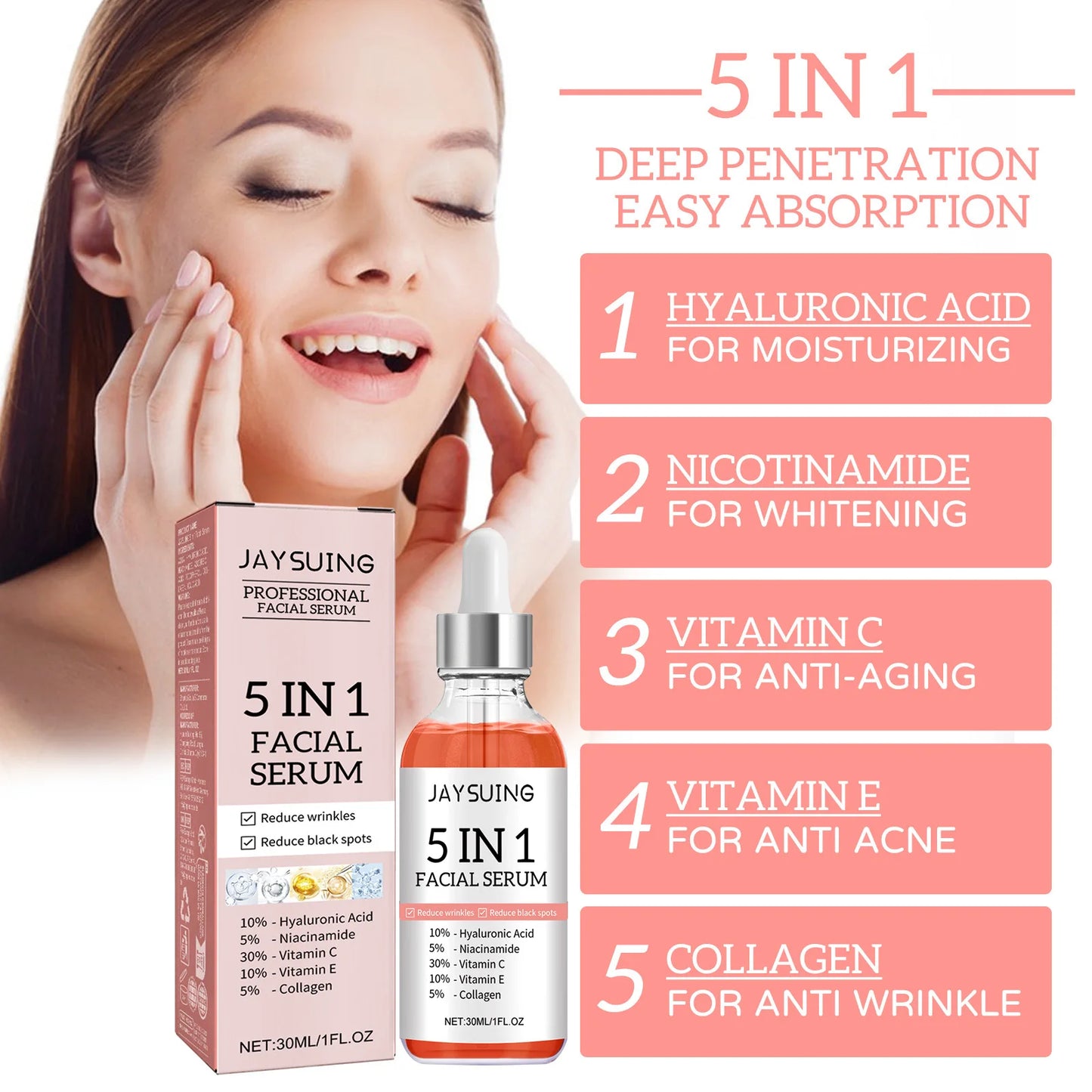 5 In 1 Facial Serum Fade Fine Lines Firming Skin Shrink Pores Moisturizing Brightning Vitamin C Hyaluronic Acid Face Serum