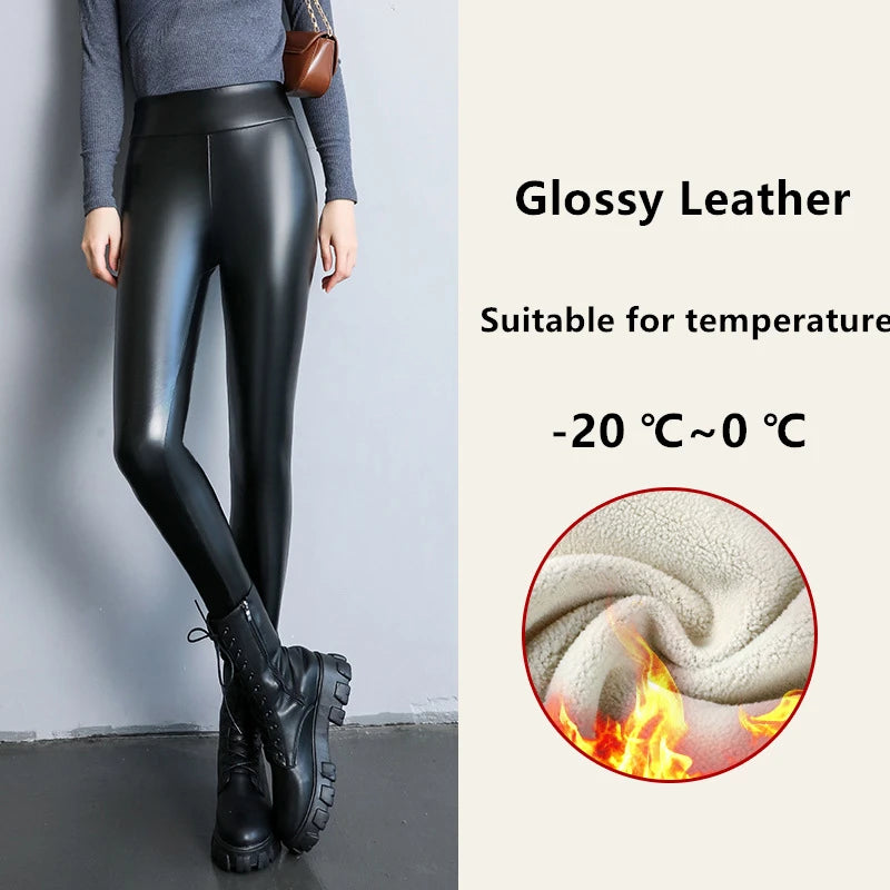 Winter Pu Leather Fleece Lined Leggings Pant Women High Waist Thicken Warm Lamb Fluff Slim Pencil Leggins Black Pantalones