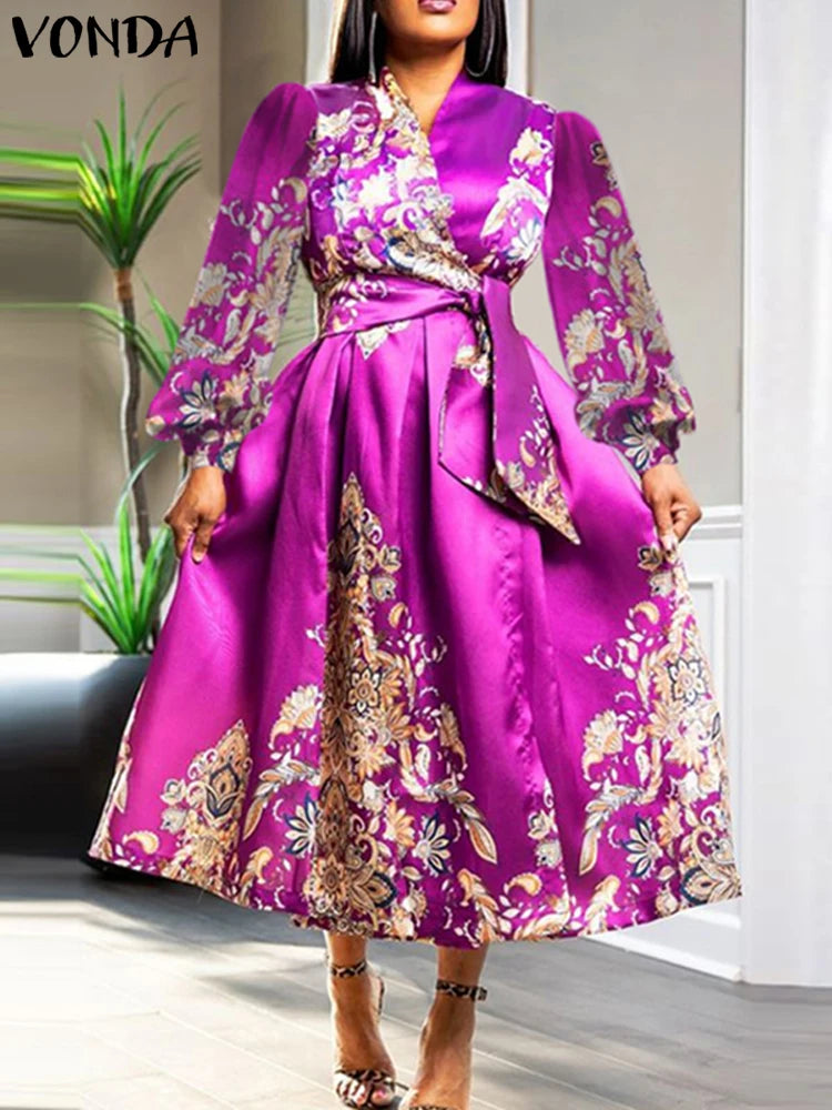 Plus Size VONDA Women Satin Silk Dress 2024 Bohemian Printing Long Lantern Sleeve Vestidos Elegant Sundress Casual V-Neck Robe