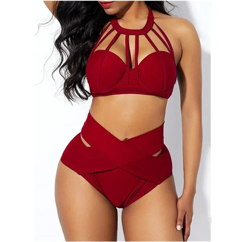 2024 High Waist Sexy Solid Color Women's Bikini Split Swimsuit Push Up Swimwear Beachwear Plus Size S-5XL Bathing Suit