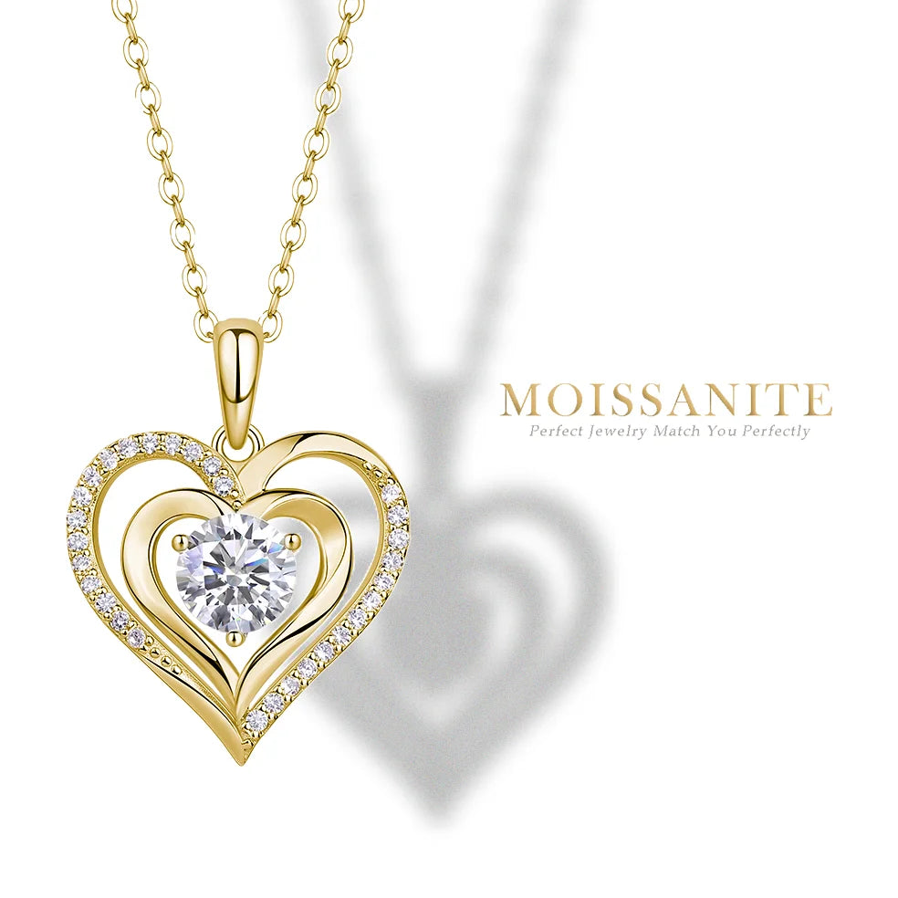 1ct Moissanite Heart Pendant Necklace for Women, D Color VVS Moissanite, Gold-Plated S925 Sterling Silver, Elegant Fine Jewelry