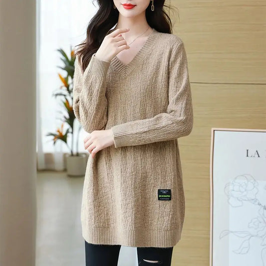 Women's Pullover Solid V-Neck Mid Length Sweater Loose Plus Size Autumn and Winter Female Clothing Fashion Long Sleeve Knit Tops