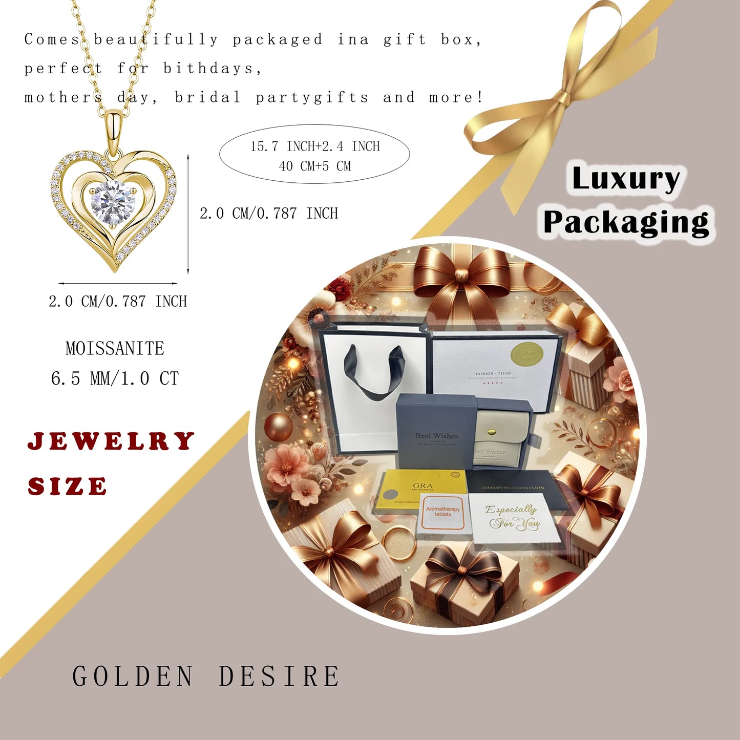 1ct Moissanite Heart Pendant Necklace for Women, D Color VVS Moissanite, Gold-Plated S925 Sterling Silver, Elegant Fine Jewelry