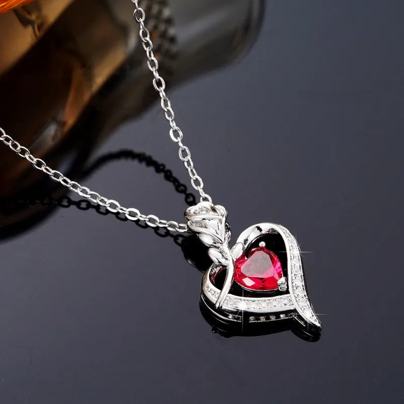 Huitan Red Heart CZ Pendant Necklace with Rose Flower Anniversary Gift for Lover/Mom 2023 New Design Women Jewelry Mother's Day