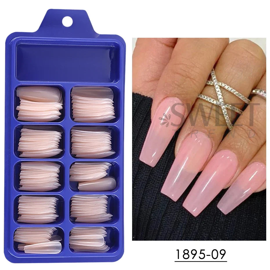 100pcs Nude Pink False Nail Press On Nails Acrylic Extension Coffin Forms Nail Tips Artificial Long Full Cover Fingernails Tools