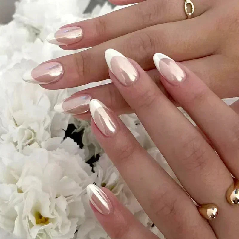 24Pcs French False Nails Almond Fake Nails with Glue Press on White Edge Design Wearable Simple Ins Pink Stiletto Nail Tips