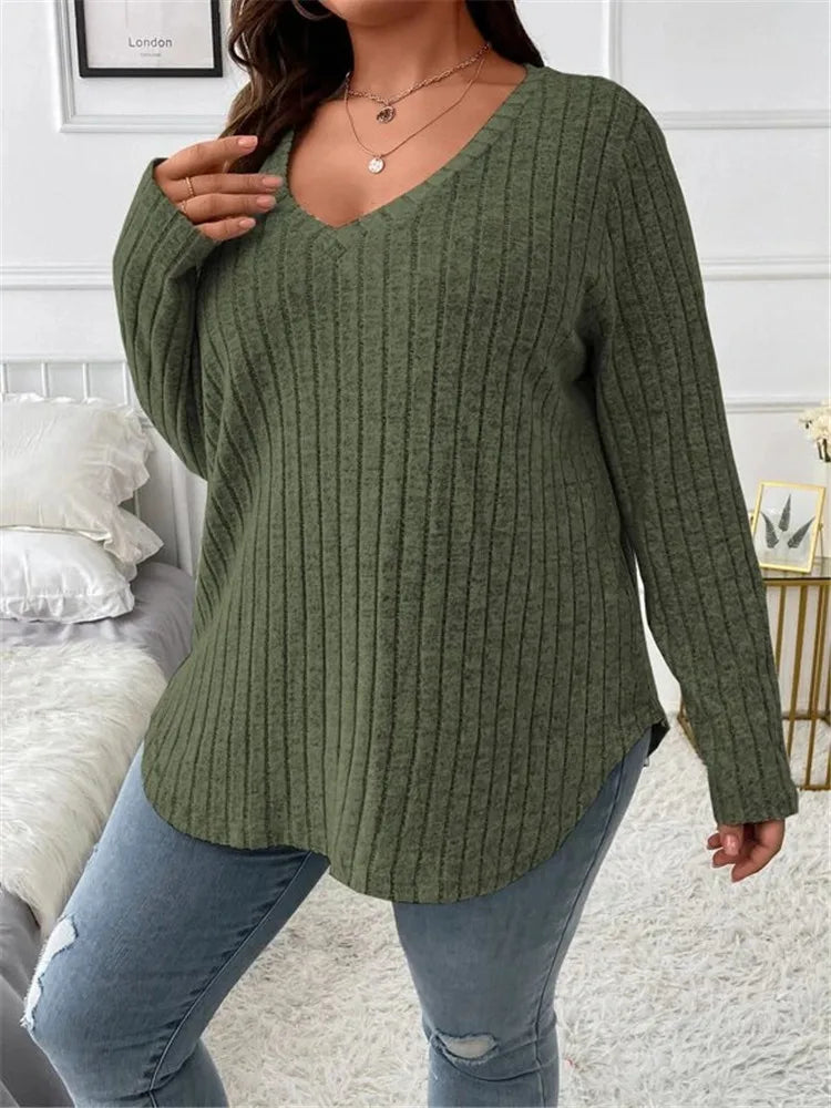 Women's Plus Size Clothing Long Sleeve T-Shirt Casual Fashion V Neck Striped Knitted Tops Spring Ladies Solid Loose T Shirts 5XL