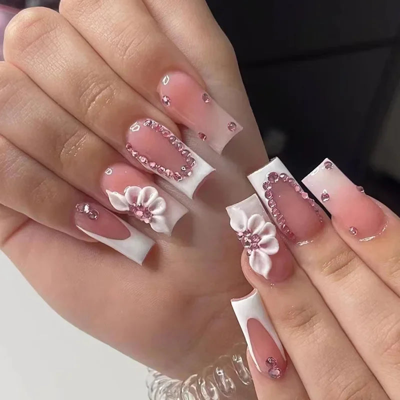 24Pcs/Set Press on Nails False Nails with Flower Design Long Coffin French Ballerina Fake Nails Art Full Cover Acrylic Nail Tips