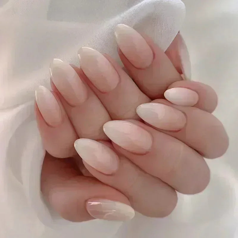 24Pcs French False Nails Almond Fake Nails with Glue Press on White Edge Design Wearable Simple Ins Pink Stiletto Nail Tips