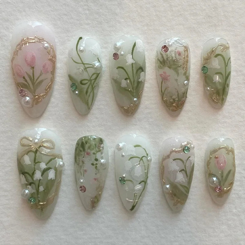 24pcs Sweet False Nail Patches Detachable Fake Nail Tips With Bowknots Love Heart Pearl Design Pink Almond Korean Press On Nail