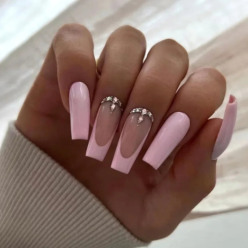 24Pcs/Set Press on Nails False Nails with Flower Design Long Coffin French Ballerina Fake Nails Art Full Cover Acrylic Nail Tips