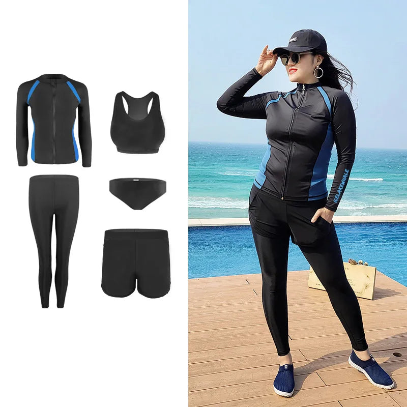 5pcs/set Women’s Plus Size Long Sleeve Rash Guard Tight Fit Swim Shirt Pants Sun Protection Swimsuit Tops+Bottoms Full Body