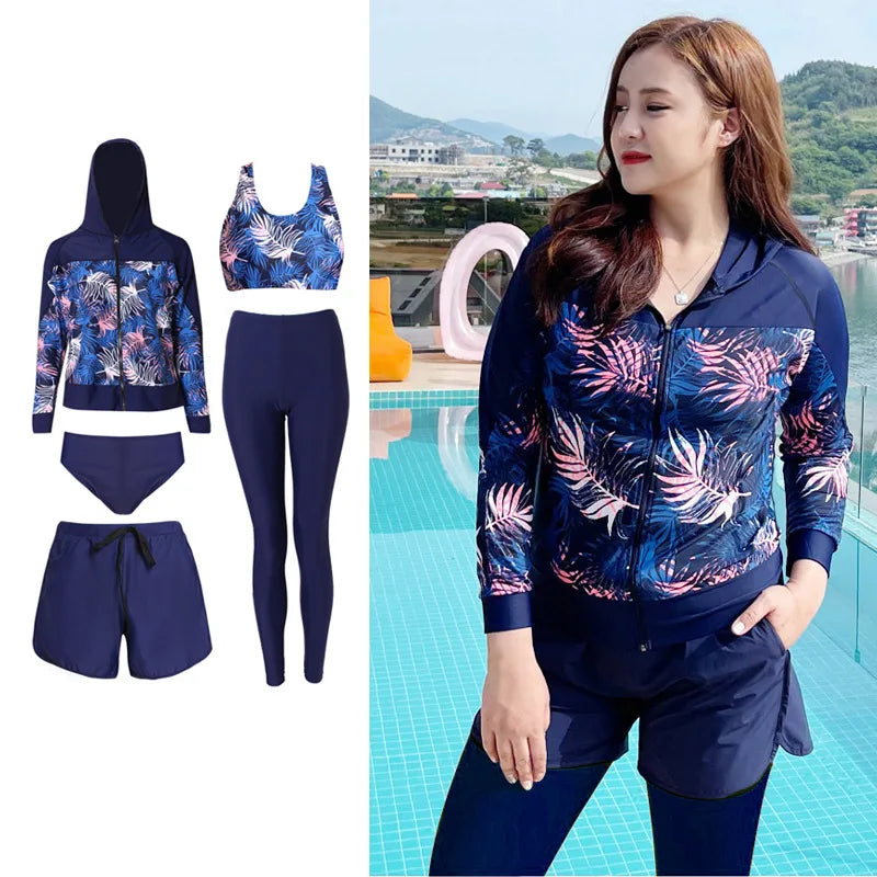 5pcs/set Women’s Plus Size Long Sleeve Rash Guard Tight Fit Swim Shirt Pants Sun Protection Swimsuit Tops+Bottoms Full Body