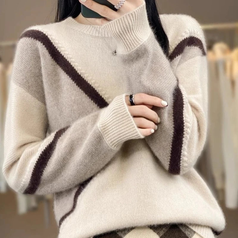 100% Pure Cashmere Sweater Women's Color-Block Plus Size Crew Neck Sweater Loose Thick Knitted Base Pullover Korean Fashion