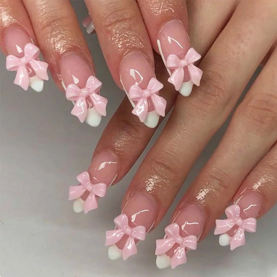 24pcs Sweet False Nail Patches Detachable Fake Nail Tips With Bowknots Love Heart Pearl Design Pink Almond Korean Press On Nail