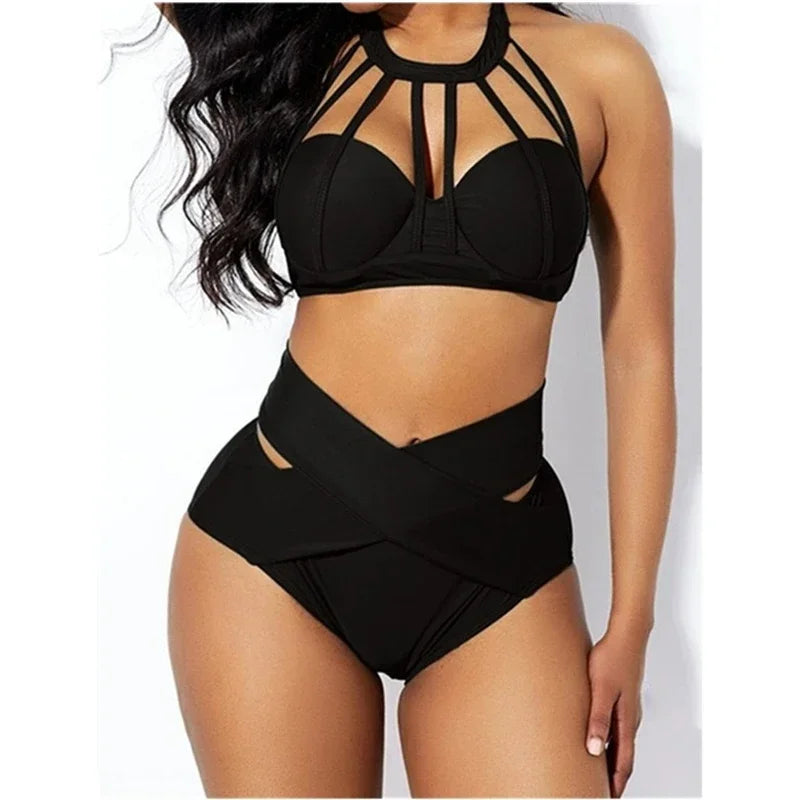 2024 High Waist Sexy Solid Color Women's Bikini Split Swimsuit Push Up Swimwear Beachwear Plus Size S-5XL Bathing Suit