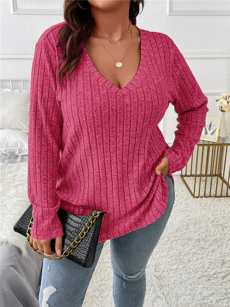 Women's Plus Size Clothing Long Sleeve T-Shirt Casual Fashion V Neck Striped Knitted Tops Spring Ladies Solid Loose T Shirts 5XL