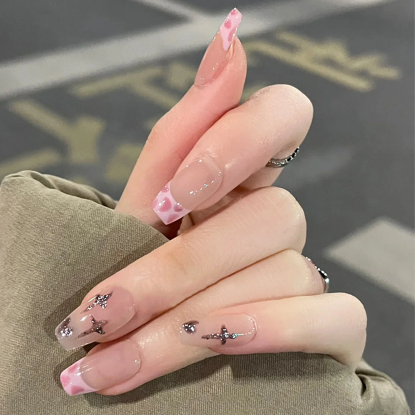 24Pcs Pink French Style Fake Nails 3D Bowknot Designs Short Square Press on Nails Sweet Korean Fashion False Nail for Women Girl