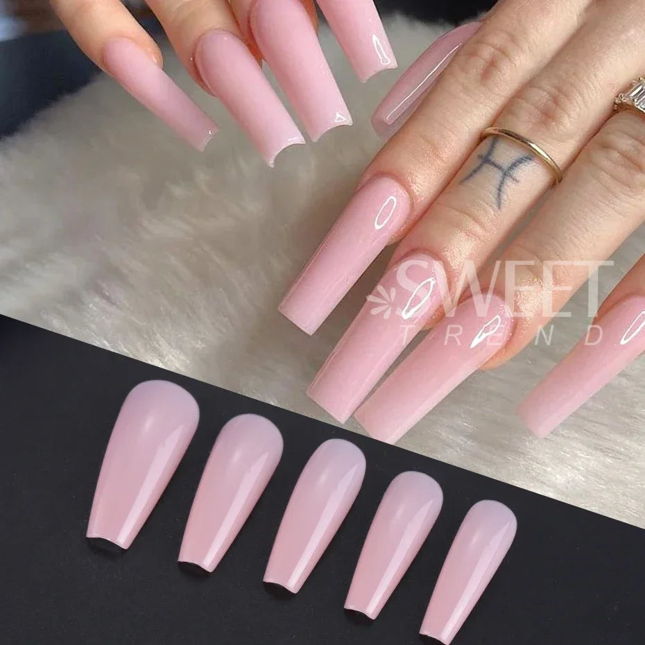 100pcs Nude Pink False Nail Press On Nails Acrylic Extension Coffin Forms Nail Tips Artificial Long Full Cover Fingernails Tools