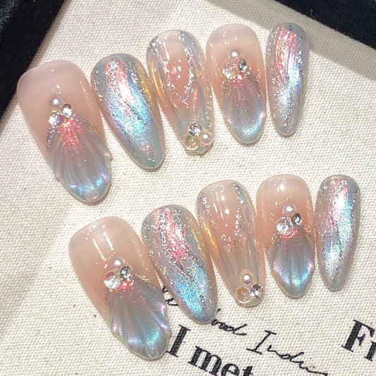 10pcs Handmade Mermaid False Nails 3D Summer Ocean Pearl Diamond Designs Press On Nails Aurora Blue Pink Almond Fake Nail Tips