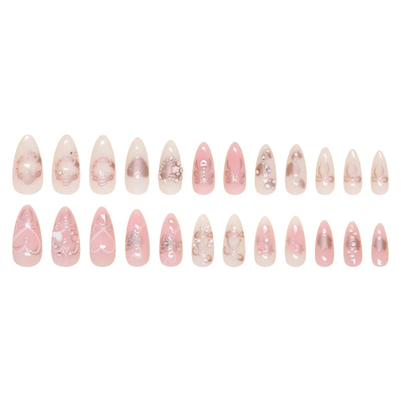 24pcs Sweet False Nail Patches Detachable Fake Nail Tips With Bowknots Love Heart Pearl Design Pink Almond Korean Press On Nail