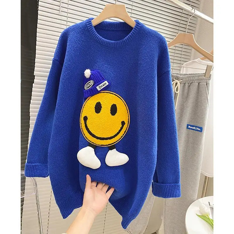 2023 New Women's Coat Smiling Face Sweater Knit Tops Plus Size Autumn Clothing Pullovers Korean Style Clothes Sweaters Jumpers