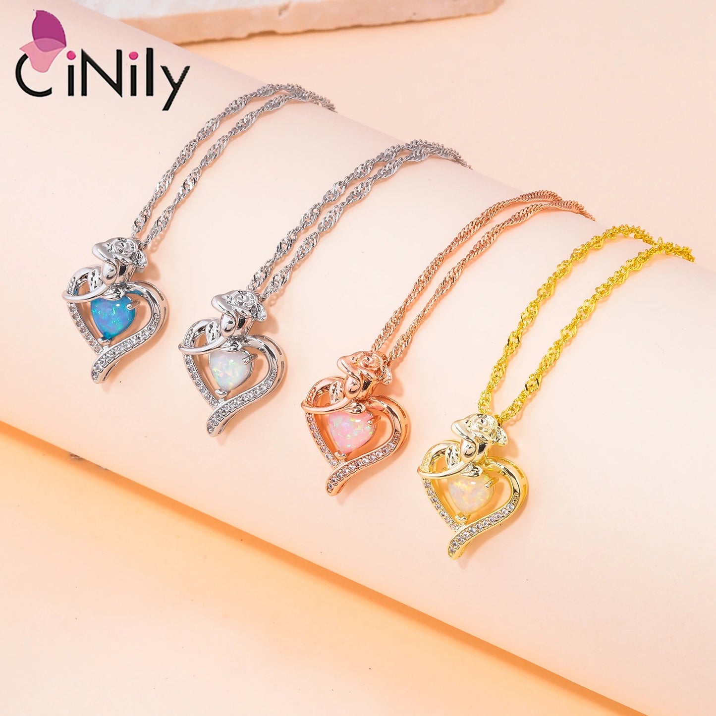 CiNily Heart Love Opal Necklace for Women Silver Plated Rose Pendant Flower Necklaces for Mother Day Gifts Jewelry With Chain