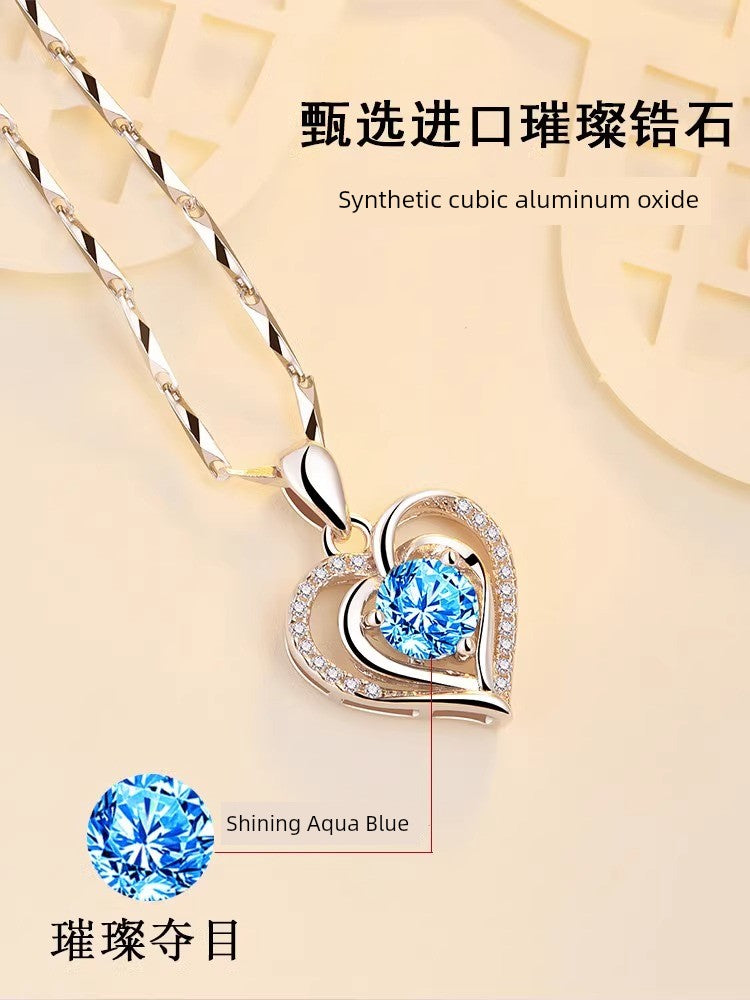 Ocean Heart Necklace Women's Pure Silver Gift Exquisite Fancy Accessible Luxury Sapphire Accessories All-Match Blue Pendant