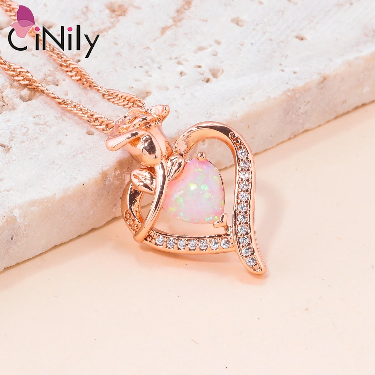 CiNily Heart Love Opal Necklace for Women Silver Plated Rose Pendant Flower Necklaces for Mother Day Gifts Jewelry With Chain