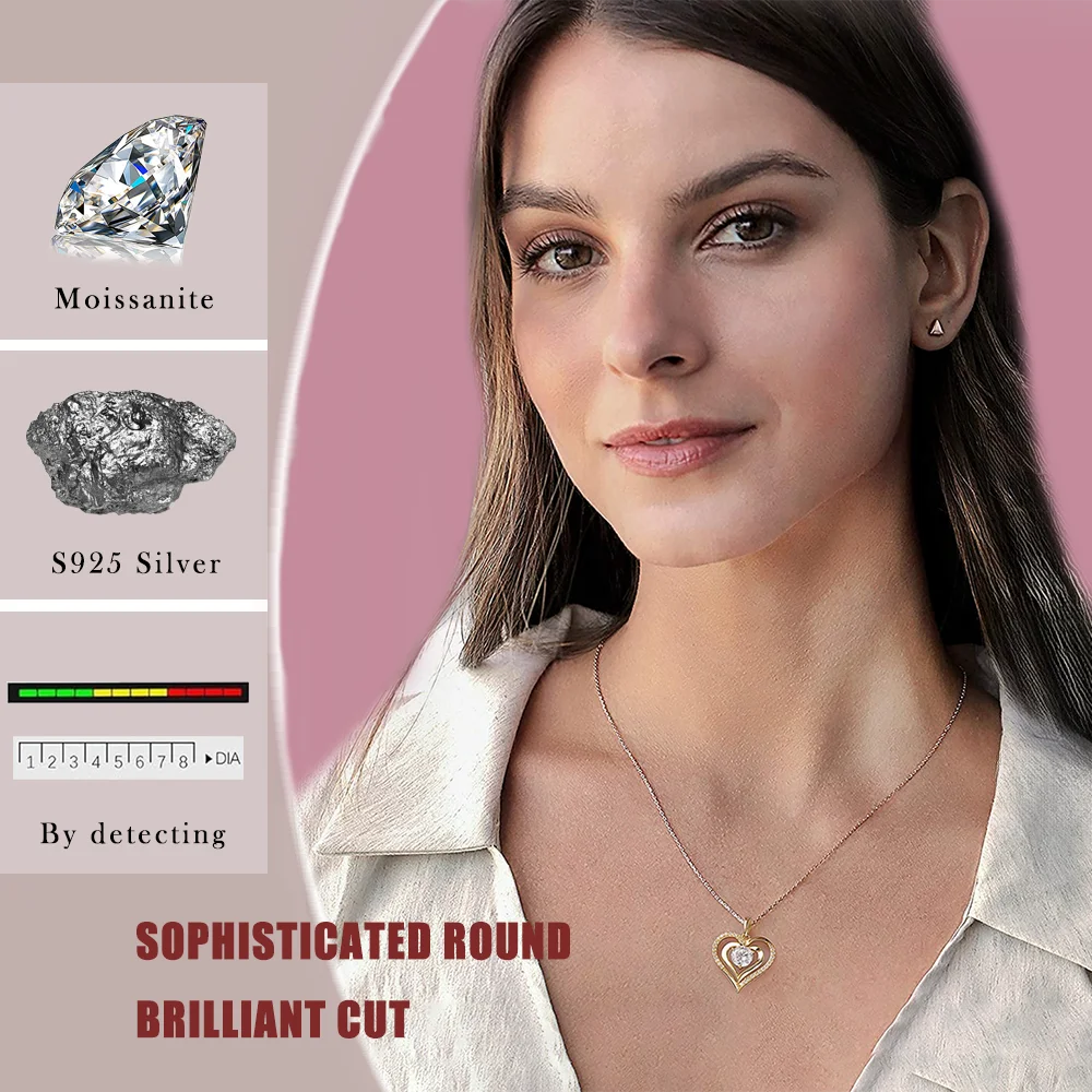 1ct Moissanite Heart Pendant Necklace for Women, D Color VVS Moissanite, Gold-Plated S925 Sterling Silver, Elegant Fine Jewelry