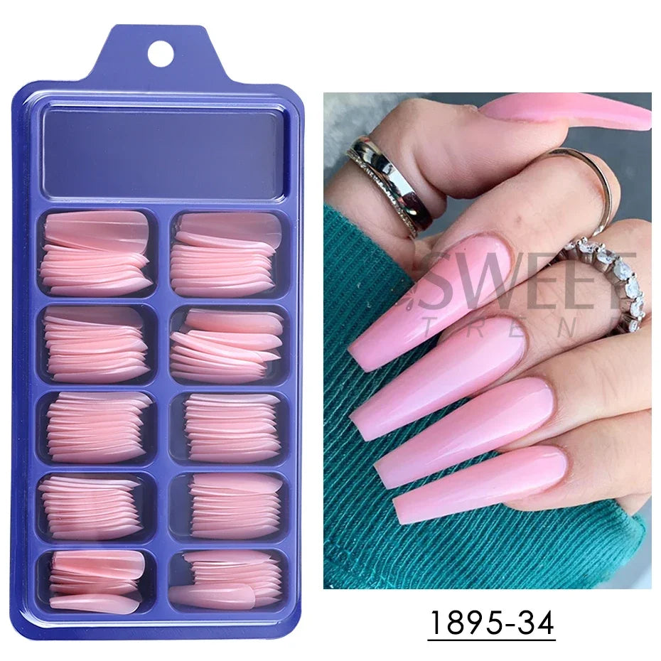 100pcs Nude Pink False Nail Press On Nails Acrylic Extension Coffin Forms Nail Tips Artificial Long Full Cover Fingernails Tools