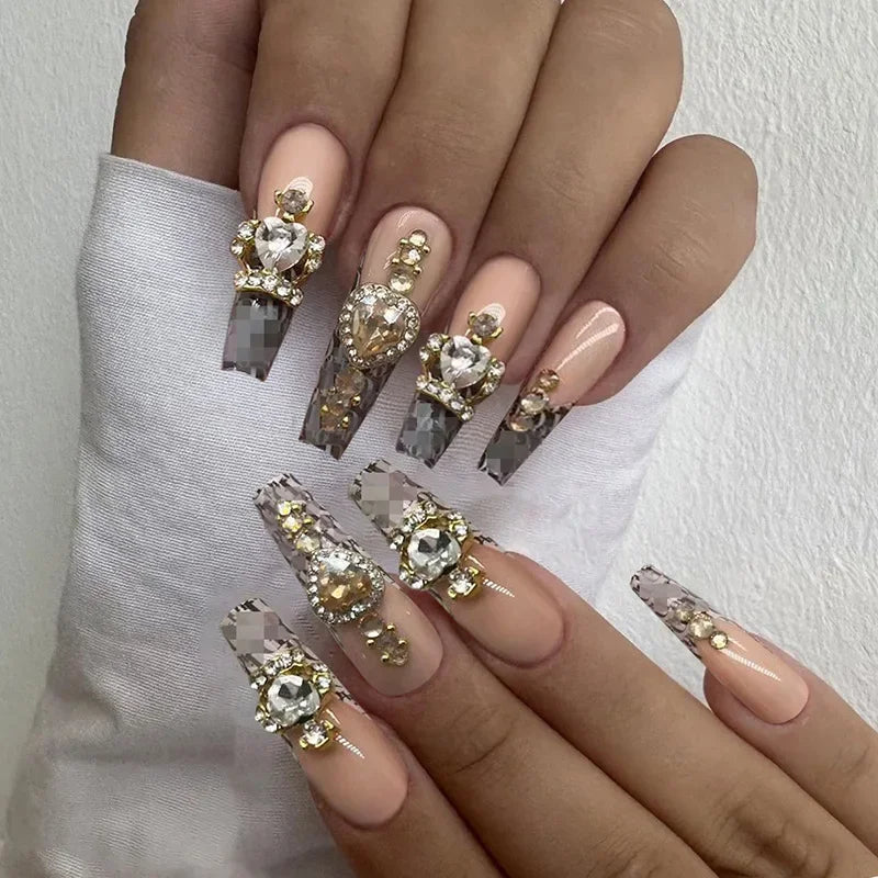 24Pcs/Set Press on Nails False Nails with Flower Design Long Coffin French Ballerina Fake Nails Art Full Cover Acrylic Nail Tips