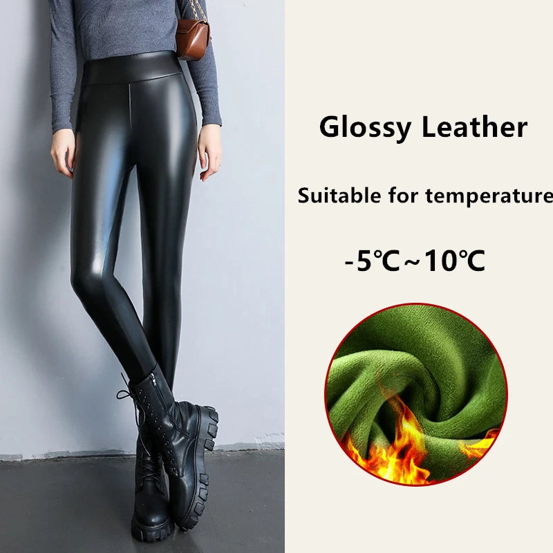 Winter Pu Leather Fleece Lined Leggings Pant Women High Waist Thicken Warm Lamb Fluff Slim Pencil Leggins Black Pantalones