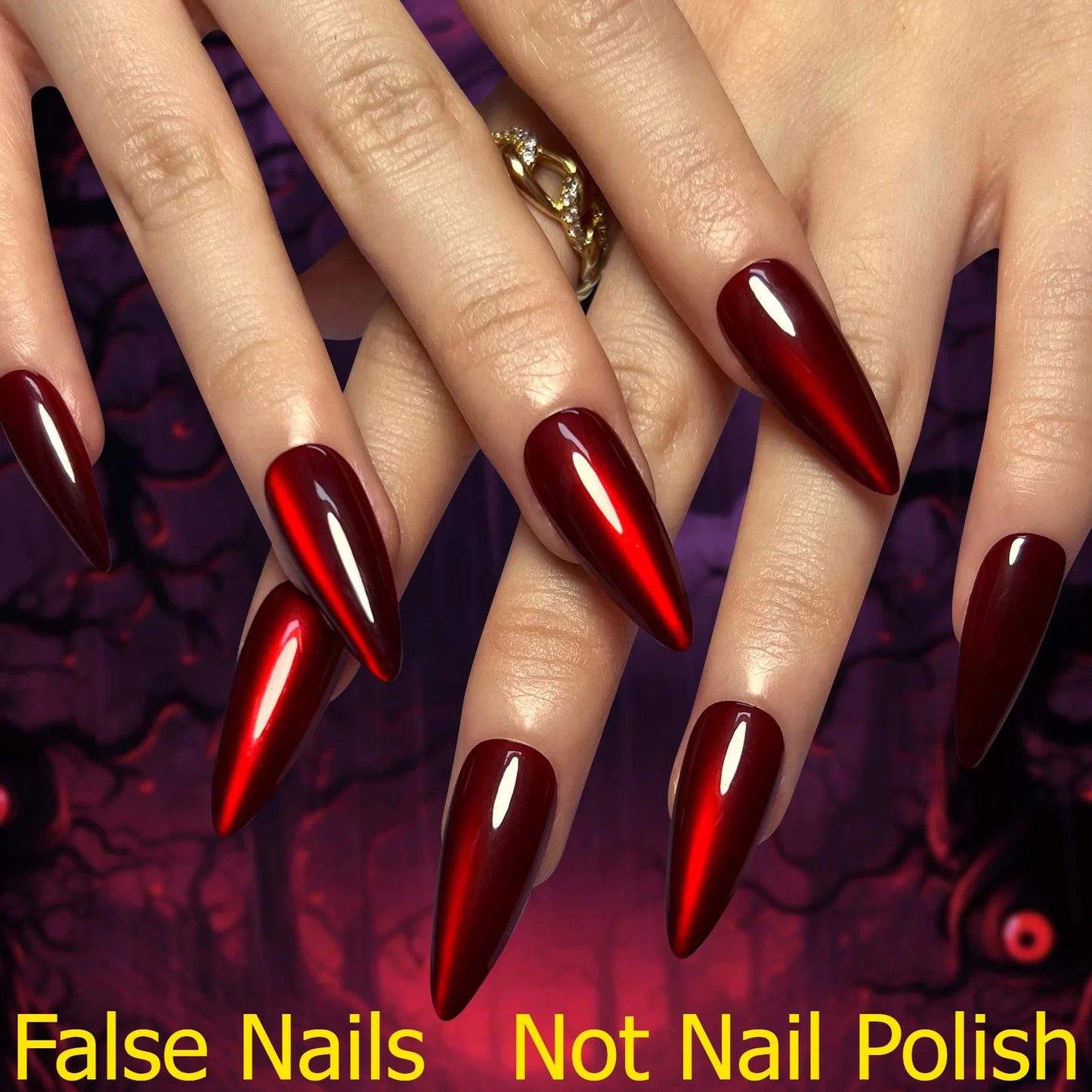 Sparkling Red Cat Eye Solid Color Fake Nail Halloween Fashion Detachable Finished False Nails Press on Nails with Glue Wholesale